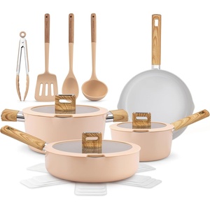 image:imageNutriChef 14 Pcs Nonstick Ceramic Cookware Set  Induction Safe Pots and Pans with Glass Lids CoolTouch Handles Even Heat Distribution Dishwasher Safe Includes Spatula Ladle Tong BlackPink