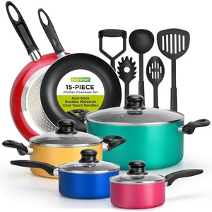 image:imageNutriChef 15Piece Colorful Pots and Pans Set  Heat Resistant Lacquer Cookware Set with Saucepot Frying Pans Oven Pot Lids Utensil set  All Cooktop Compatible Including Induction