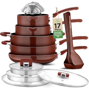image:imageNutriChef 17pcs Brown Stackable Pots and Pans Set Nonstick Induction Cookware Space Saving Cookware Easy Clean Ideal For RV and Camper Includes a Foldable Steamer Basket and Cooking Utensils