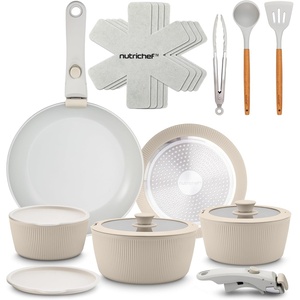 image:imageNutriChef 18Piece Ceramic Cookware Set with Detachable Handles Non Stick Pots and Pans PTFEFree Natural Ceramic Coating SpaceSaving Design Oven amp Stove Safe Includes UtensilsCream