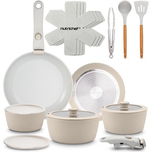 image:imageNutriChef 18Piece Ceramic Cream Pot Set with Removable Handles Induction Pot and Pan Set NonStick SpaceSaving Stackable OvenSafe All Hob Types