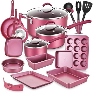 image:imageNutriChef Metallic Nonstick Ceramic Cooking Kitchen Cookware Pots and Pan Baking Set with Lids and Utensils 20 Piece Set Marron Pink