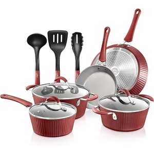 image:imageNutriChef Nonstick Kitchenware Pots amp Pans  11 Pcs Stylish Kitchen Cookware Set wElegant Lines PatternGray Inside amp Red Outside Metal  Silicone Handle PTFEPFOAPFOS Free  NCCW11RDLRed