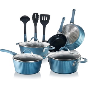image:imageNutriChef Nonstick Kitchenware Pots amp Pans  11 Pcs Stylish Kitchen Cookware Set wElegant Lines PatternGray Inside amp Red Outside Metal  Silicone Handle PTFEPFOAPFOS Free  NCCW11RDLBlack