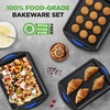 image:imageNutriChef 3Piece Nonstick Cookie Sheet Tray Set  Baking Pans with Blue Silicone Handles Stackable Design Easy to Clean Small Medium Large Carbon Steel Cookie Pans Oven Safe to 446F