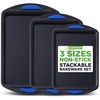image:imageNutriChef 3Piece Nonstick Cookie Sheet Tray Set  Baking Pans with Blue Silicone Handles Stackable Design Easy to Clean Small Medium Large Carbon Steel Cookie Pans Oven Safe to 446F