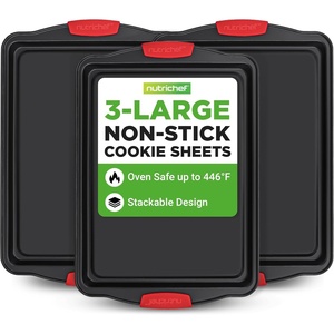image:imageNutriChef 3Piece Large Nonstick Cookie Sheets for Baking  Premium FoodGrade Carbon Steel NonStick Tray Set with Silicone Handles Oven Safe up to 446F  Easy to Clean 172 x 118 x 07 Inch
