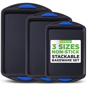 image:imageNutriChef 3Piece Nonstick Cookie Sheet Tray Set  Baking Pans with Blue Silicone Handles Stackable Design Easy to Clean Small Medium Large Carbon Steel Cookie Pans Oven Safe to 446F