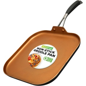 image:imageNutriChef Copper Pan NonStick Coating Inside HardAnodized Look Heat Resistant Lacquer Outside Silicone Handle NCSQPA 1 GriddleSquare flat griddle pan