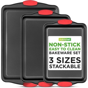 image:imageNutriChef Nonstick Baking Pans Set  3Piece Carbon Steel Cookie Sheet Set with Red Silicone Handles Small Medium Large Stackable Trays Oven and Dishwasher Safe Design for Cakes Cookies and More3 Pack