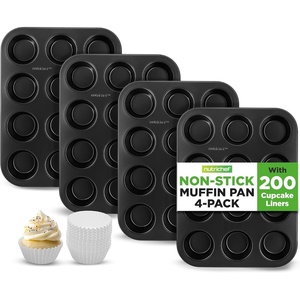 image:imageNutriChef Muffin Pans for Baking 4Pack  Nonstick 12 Mold Cupcake Tins  Carbon Steel Stackable Cup Cake Trays  Dishwasher amp Oven Safe  Includes 200 Parchment Paper Liners  13 x 10 x 1  GoldBlack