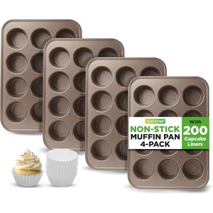 image:imageNutriChef Muffin Pans for Baking 4Pack  Nonstick 12 Mold Cupcake Tins  Carbon Steel Stackable Cup Cake Trays  Dishwasher amp Oven Safe  Includes 200 Parchment Paper Liners  13 x 10 x 1  GoldGold