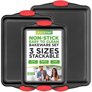 image:imageNutriChef Baking Tray Set 3 Piece Non Stick Baking Trays for Oven Carbon Steel Baking Sheets Small Medium Large Oven Trays with Silicone Handles Stackable Bakeware for Cookies Cakes Roasting