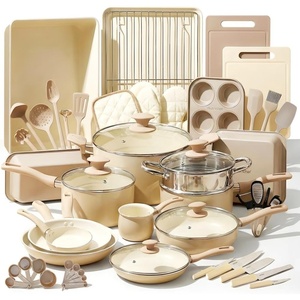 image:imageNutriChef Cookware Set 54 Pieces  Pans Pots Kitchen Utensils Taupe Brown  With Knife Baking Moulds Accessories  For Induction Gas and Electric  Healthy and LowFat Cooking