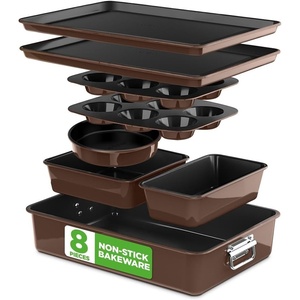 image:imageNutriChef Nonstick Stackable Bakeware Set 8Piece PFOA PFOS PTFE Free Cookware Set NonStick Coating 232C Oven Safe Includes Round Cake Cookie Sheet Non Toxic Cookware for Home Baking BlueBrown