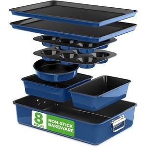 image:imageNutriChef Nonstick Stackable Bakeware Set 8Piece PFOA PFOS PTFE Free Cookware Set NonStick Coating 232C Oven Safe Includes Round Cake Cookie Sheet Non Toxic Cookware for Home Baking BlueBlue