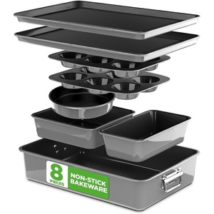 image:imageNutriChef Nonstick Stackable Bakeware Set 8Piece PFOA PFOS PTFE Free Cookware Set NonStick Coating 232C Oven Safe Includes Round Cake Cookie Sheet Non Toxic Cookware for Home Baking BlueGray