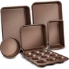 image:imageNutriChef Kitchen Oven Non Stick Carbon Steel Tray Sheet 6 Piece Bakeware Set with Cookie Tray Cake Pan Muffin Pan and Bread Loaf Pan Gold 2 Pack