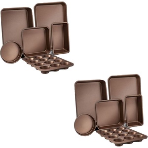 image:imageNutriChef Kitchen Oven Non Stick Carbon Steel Tray Sheet 6 Piece Bakeware Set with Cookie Tray Cake Pan Muffin Pan and Bread Loaf Pan Gold 2 Pack