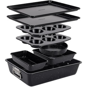 image:imageNutriChef 8 Piece Stackable Carbon Steel Bakeware Set  NonStick PFOA amp PFOS Free  Oven Safe to 450 F  With Baking Tray Muffin Pan Round Square amp Loaf Cake Pan  Black Marble
