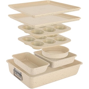 image:imageNutriChef 8 Piece Stackable Carbon Steel Bakeware Set  NonStick PFOA amp PFOS Free  Oven Safe up to 450 F with Baking Tray Muffin Round Square Loaf amp Deep Cake Tin Marble Cream