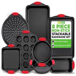 image:imageNutriChef 8Piece NonStick Baking Tray Set Stackable OvenSafe Bakeware Cookie Sheet Loaf Pizza Muffin Cake Round amp Square Pans NonStick Trays with Red Silicone Handles